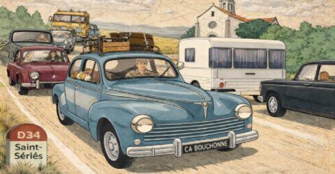 Illustration d'un véhicule ancien sur la route du village de Saint-Sériès.